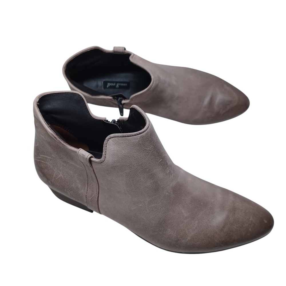 Paul Green Women Gray Leather Pointed Toe Ankle Booties Side Zip Comfort Shoes